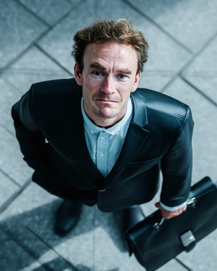 Malte Therkildsen, seen from above, in a dark suit with a briefcase